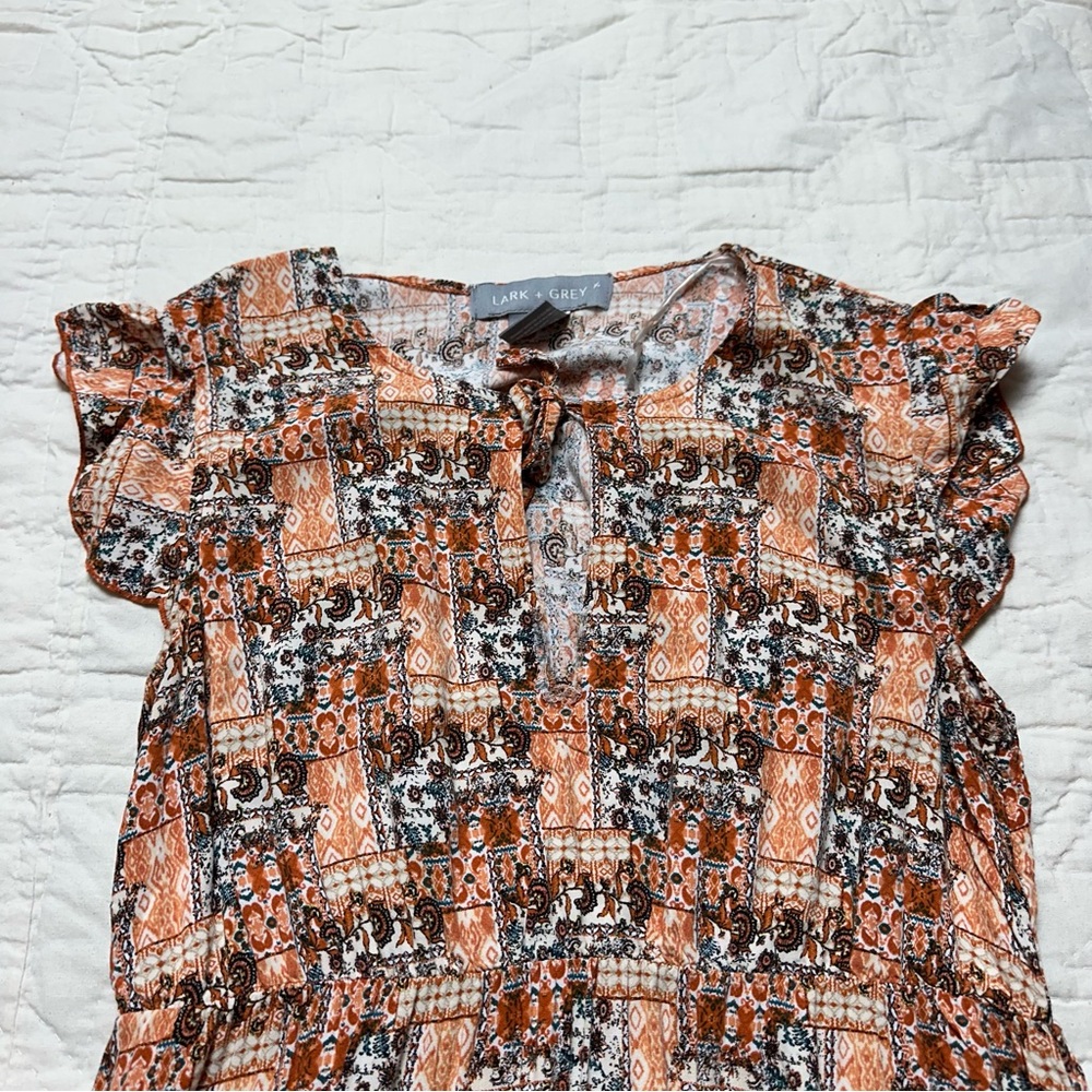 Boho Coral Midi Dress | Flowy Gathered Waist · Lark + Grey - Picture 10 of 11